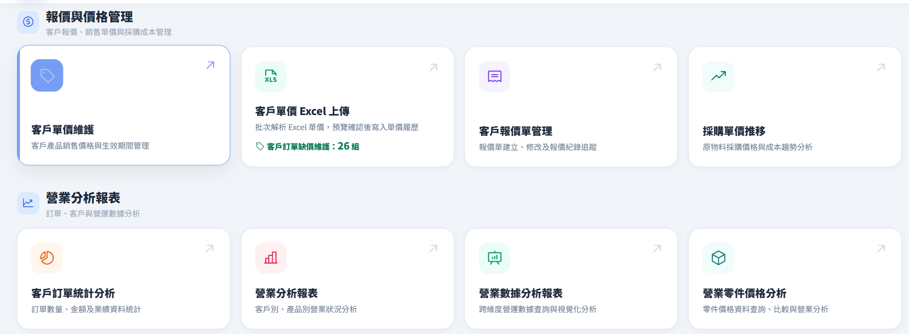 報價 / 單價管理實機畫面